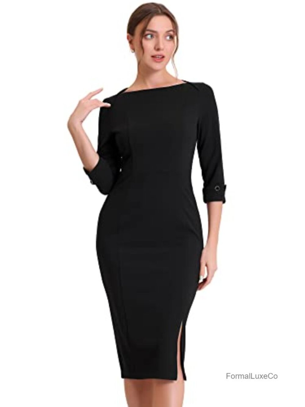 Women's Sheath Pencil Dress – Boat Neck 3/4 Sleeves Button Decor Knee-Length